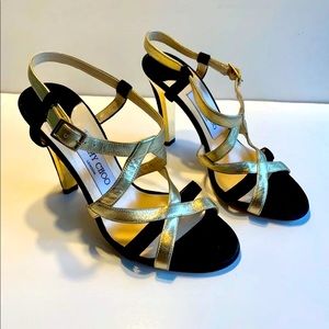 Jimmy Choo Blk Suede Gold Leather Sandal